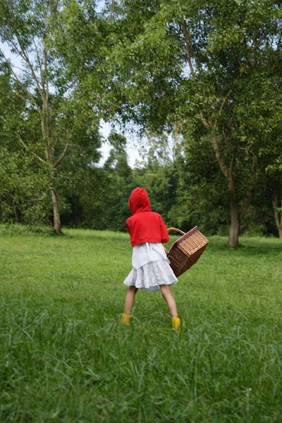 Junges Mädchen mit Korb und rotem Kapuzenpullover — Stockfoto