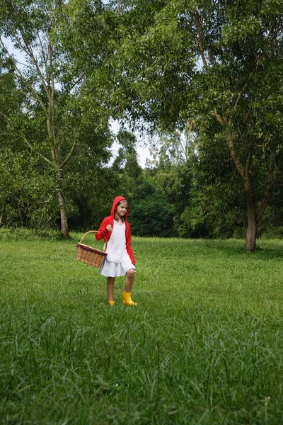 Молодая девушка с корзиной и красной толстовкой — стоковое фото