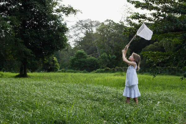 Girl chasing butterflies — Stock Photo, Image