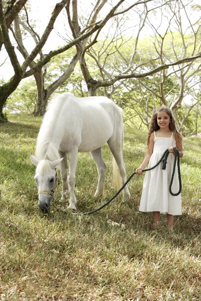 Joven chica caminando caballo en prado — Foto de Stock