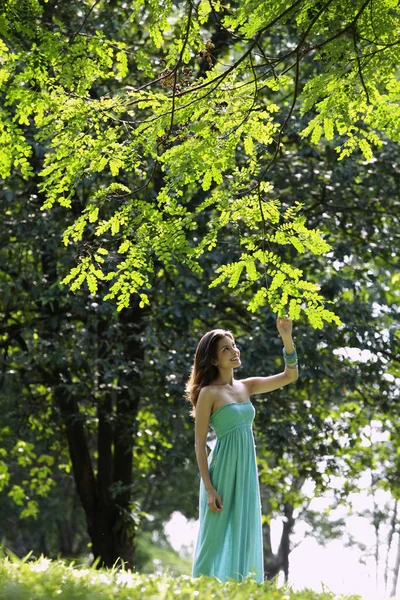 Vrouw aanraken van bladeren — Stockfoto