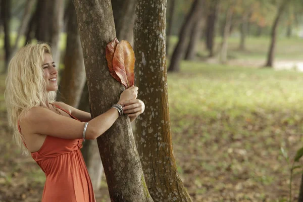Mujer rubia sosteniendo árbol — Foto de Stock