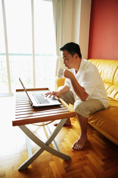 Adam evde dizüstü bilgisayar kullanarak — Stok fotoğraf