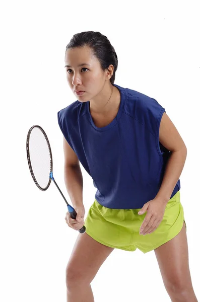 Femme avec raquette de badminton — Photo
