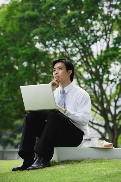 Biznesmen w parku z laptopa — Zdjęcie stockowe