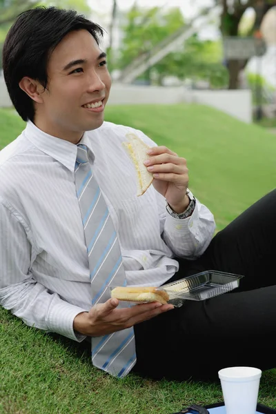 Affärsman som sitter på gräset i parken — Stockfoto
