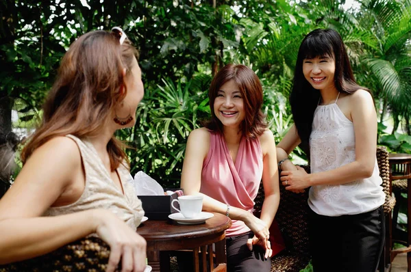 Las mujeres en la cafetería jardín al aire libre —  Fotos de Stock
