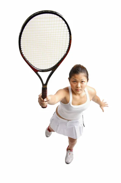 Mulher segurando raquete de tênis — Fotografia de Stock