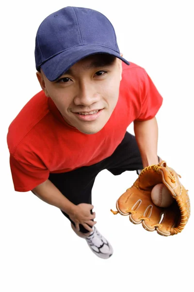 Νεαρός άνδρας φορώντας γάντι του μπέιζμπολ — Φωτογραφία Αρχείου
