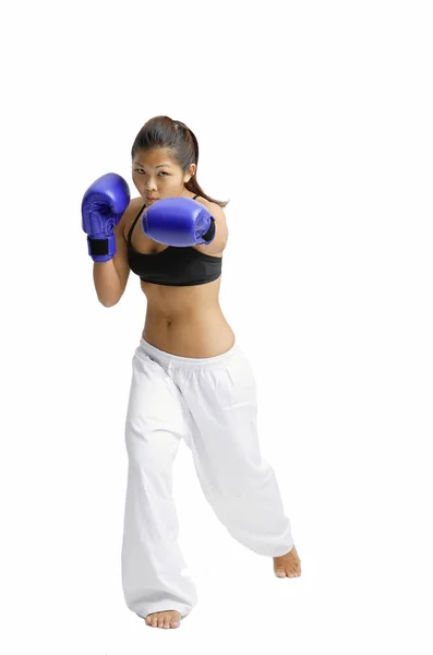 女拳击手，戴着拳击手套 — 图库照片