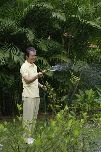 Mature man watering plants