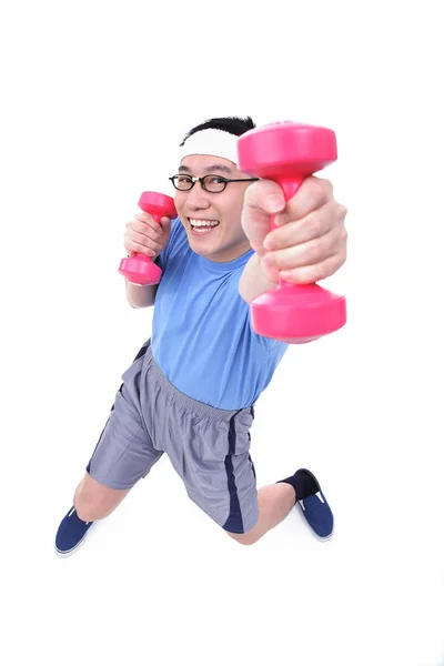 Man with pink dumbbells in hands — Stock Photo, Image