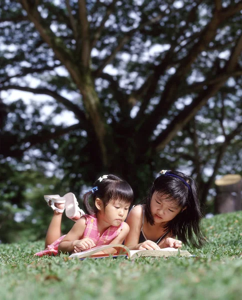 Twee kinderen liggen op gras lezen van een boek — Stockfoto