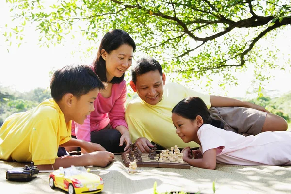 家庭躺在公园，在垫上下棋 — 图库照片