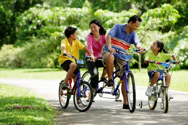Keluarga mengendarai sepeda. — Stok Foto
