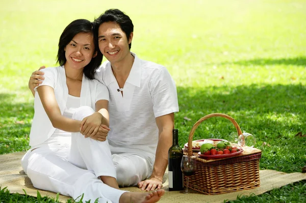 Paret sitter med picknickkorg — Stockfoto
