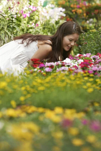 Mujer joven oliendo flores — Foto de Stock