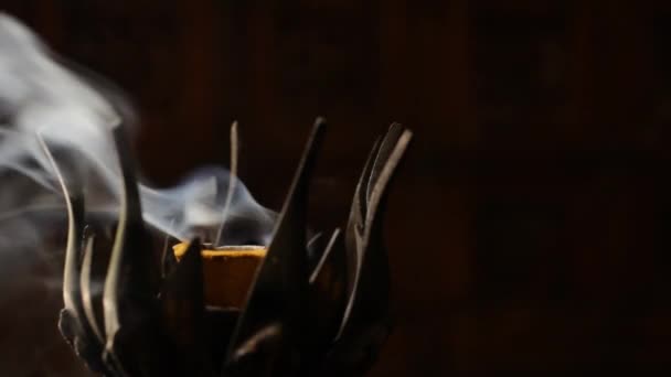 Räucherstäbchen brennen im Lotusbrenner — Stockvideo