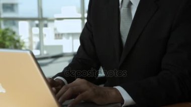 gülümseyen ve dizüstü bilgisayarda yazarak işadamı 