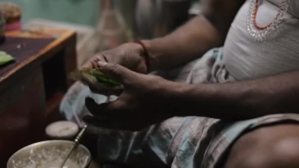 Uomo che avvolge noci di betel in foglie / India — Video Stock