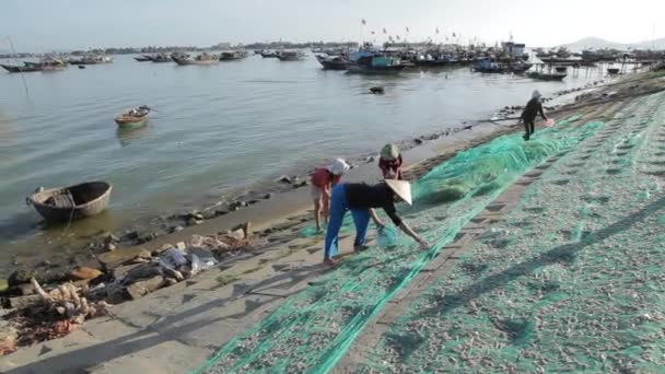 Pescadores trabajando en la playa — Vídeos de Stock