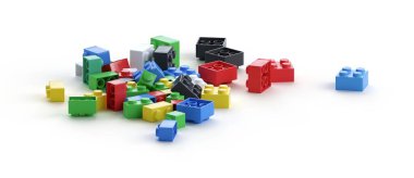 Lego tuğlaları yığını. Herhangi bir süreç kavramının başlangıcı ya da sonu. 3 boyutlu görüntü. Telif hakkı olan logo yok.