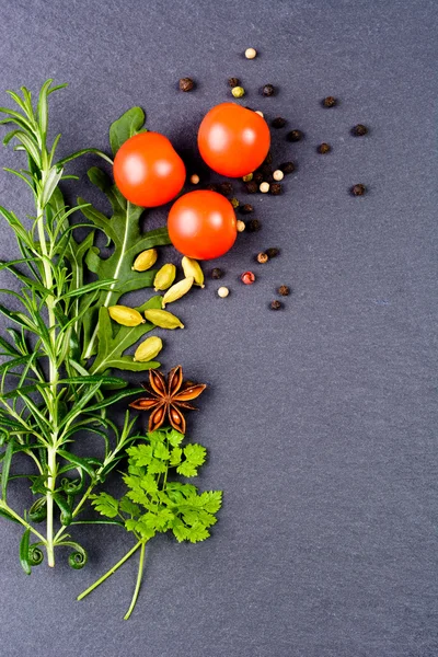 Fresh herbs and dried spices background — Stock fotografie