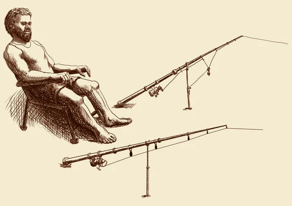 İki balıkçılık çubuklar ile bir kıyısında bir sandalyede sakallı balıkçı