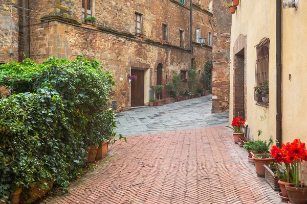 Regnerische und sonnige nasse Straßen in Pienza. — Stockfoto