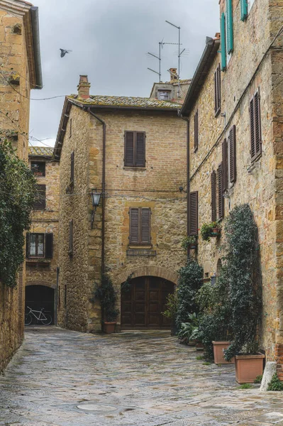 Yağmurlu Bir Günde Güzel Şehir Pienza Toskana Nın Sokaklarında Yürü — Stok fotoğraf