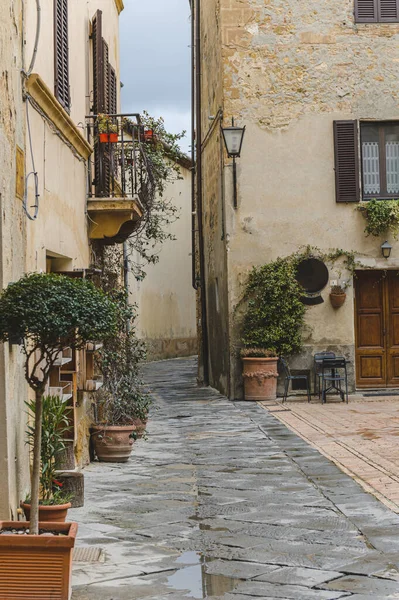 Paseo Día Lluvioso Por Las Calles Hermosa Ciudad Pienza Toscana — Foto de Stock
