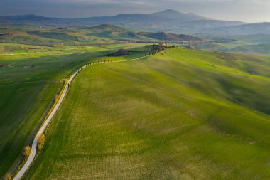 Uçan bir dronun güneşli bahar manzaraları.