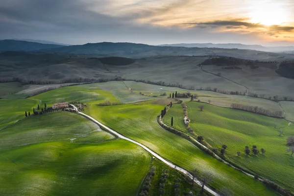 Paesaggi Primaverili Soleggiati Drone Volante — Foto Stock