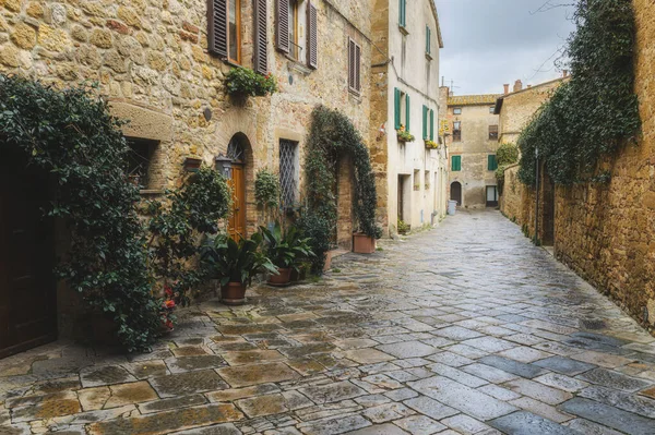 Yağmurlu Bir Günde Güzel Şehir Pienza Toskana Nın Sokaklarında Yürü — Stok fotoğraf