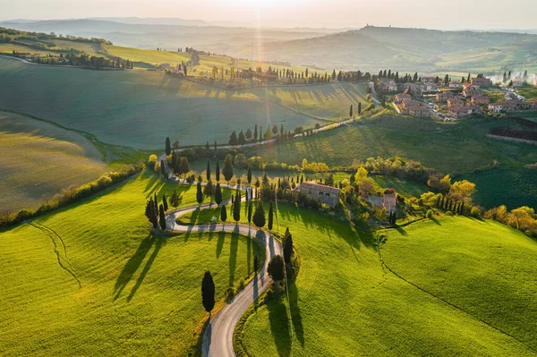 Primavera Voando Paisagem Pôr Sol Sobre Campos Florescentes — Fotografia de Stock