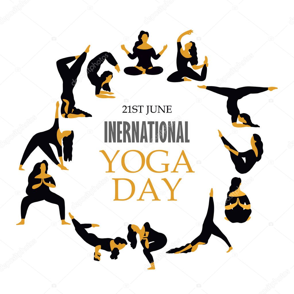 21 june- yoga body posture, illustration of international yoga day, Woman practicing yoga.vector illustration Yoga exercises. Women silhouettes set. Black and white illustration.