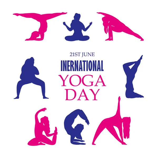 21 june- yoga lichaamshouding, illustratie van internationale yoga dag, Vrouw die yoga.vector illustratie oefent Yoga oefeningen. Vrouwen silhouetten set. — Stockvector