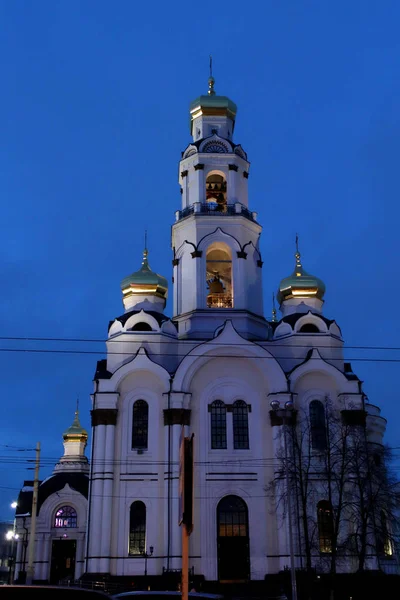 City Orthodox Church. Modern architecture. Golden domes against the evening blue sky. Russia