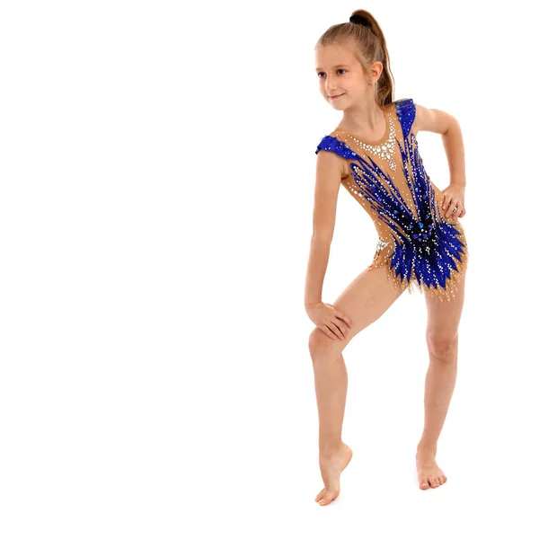 Het Jonge Meisje Bezig Met Ritmische Gymnastiek Een Witte Achtergrond — Stockfoto