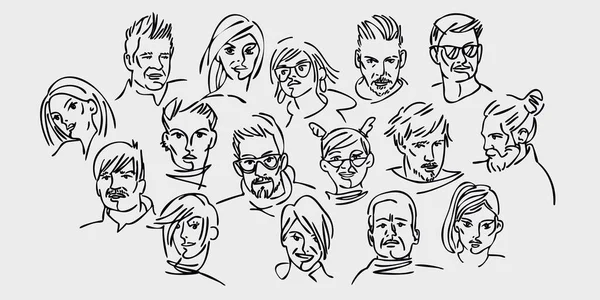 Bir grup insan. Bir sürü farklı avatarla. Erkek ve kadın portreleri. Siyah ve beyaz düz insanlar karakter tasarımı. Çizgi grafikleri. vektör