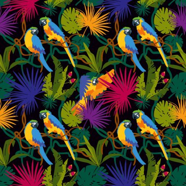 Palmiye yaprakları, papağanlar ve orman yapraklarıyla tropik, pürüzsüz vektör arkaplanı. Kumaş tasarımı, ambalaj, kartpostallar, afişler ve tebrik kartları için vektör düz çizgi film çizimi. Siyah arkaplan