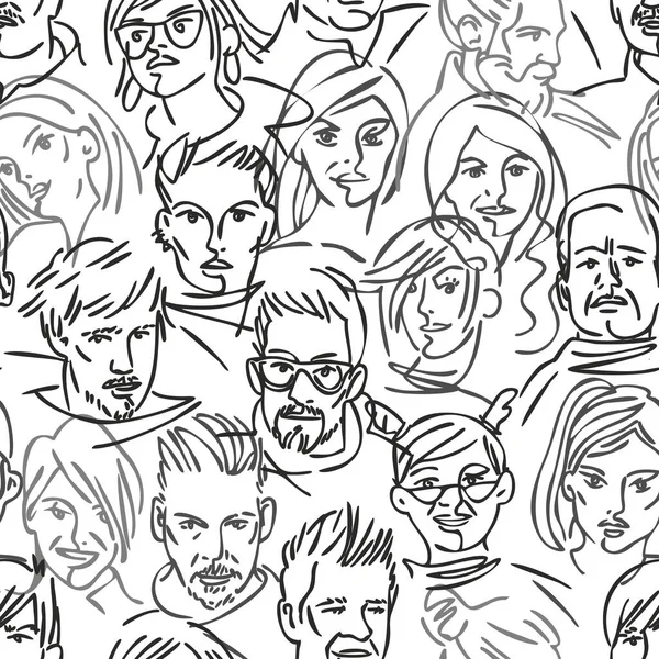 Płynny wzorzec grupy ludzi. Wiele różnych awatarów. Portrety mężczyzn i kobiet. Czarno-biali linearni ludzie. projekt postaci. — Zdjęcie stockowe