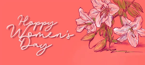 8 de marzo Día Internacional de la Mujer. Día de San Valentín. Las rosas blancas yacen sobre un fondo rosado. Banner, tarjeta de felicitación, lugar para texto. Vista desde arriba. Copiar espacio —  Fotos de Stock