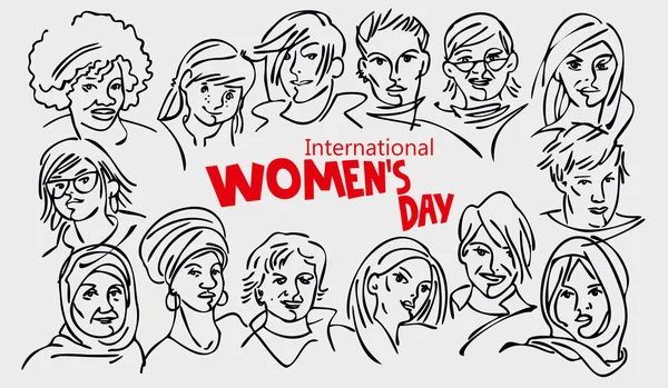 Bandera para el Día Internacional de la Mujer: diversas caras femeninas de todo el mundo, un grupo diverso de mujeres dibujadas a mano. Bosquejo vectorial en blanco y negro . — Archivo Imágenes Vectoriales