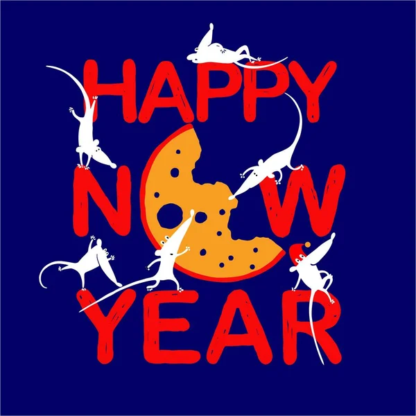 Szczęśliwego Nowego Roku 2020. Sylwetka myszy. Myszy dobrze się bawią przy serze. Mysz jest symbolem chińskiego Nowego Roku. Logo na transparenty, kartki okolicznościowe, prezenty. Niebieskie tło, czerwony tekst, białe myszy. — Zdjęcie stockowe