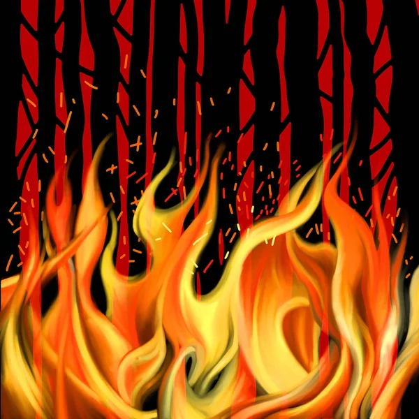 Forest fire, burning a forest fire in the raster version of red and orange. Forest fire disaster with burning tree and firs concept.