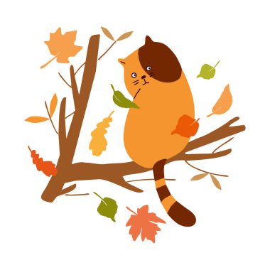 Çizgi film kedisi dalda uyuyor. Sonbahar yaprakları. Etiket.