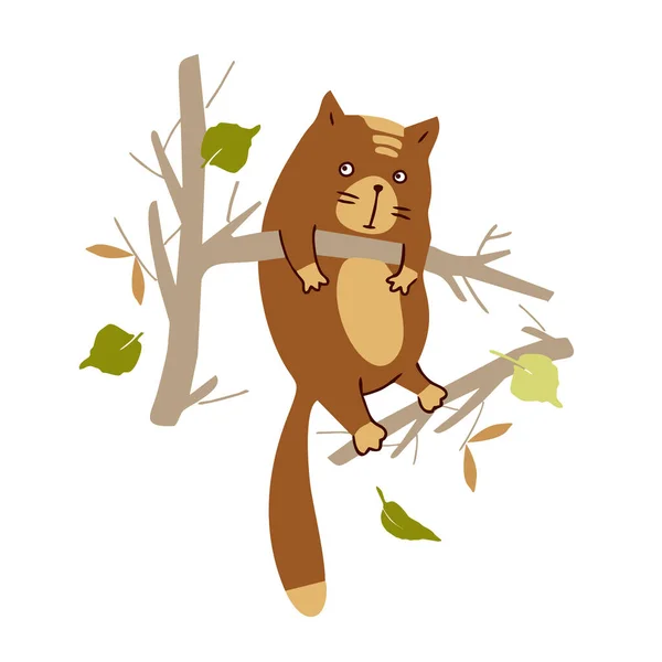 Cartoon cat sleeping on a branch. Autumn foliage. Sticker. — Stock Vector