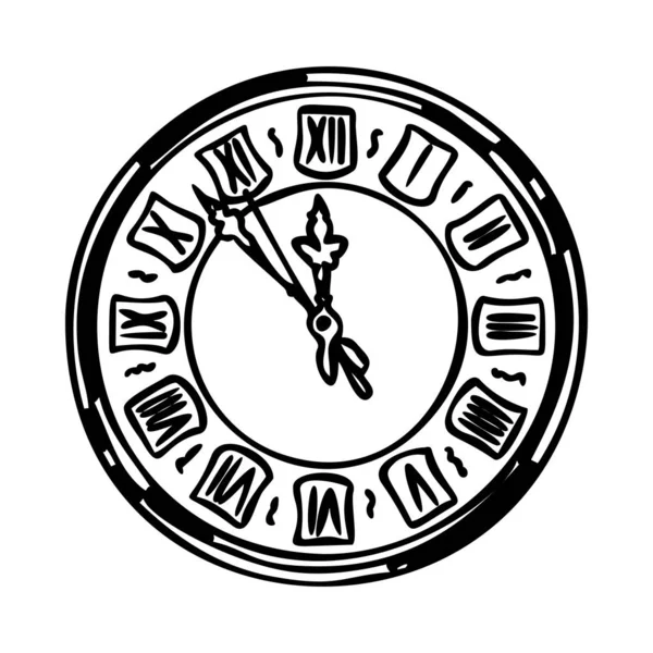 Reloj de pared de diseño vintage. Reloj viejo con números romanos sobre fondo blanco. Esquema. Logo, dibujo. Gráficos . — Vector de stock