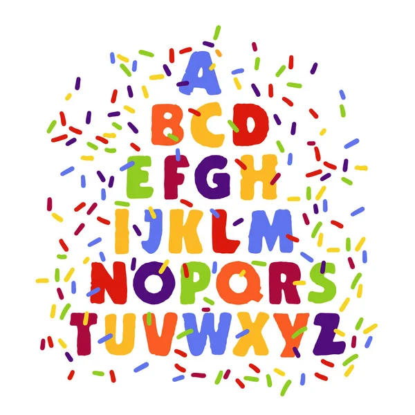 Alfabet voor kinderen in cartoon stijl. Kinderlettertype met rode, blauwe, gele en groene letters. Vector illustratie op een witte achtergrond. — Stockvector